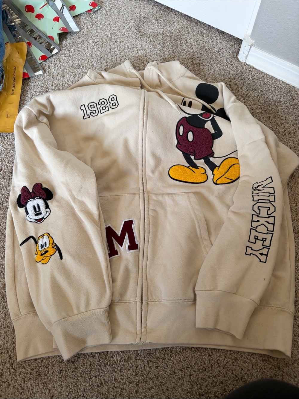 Disney Beige Mickey & Friends Zip Hoodie with Maroon and Yellow Accents
